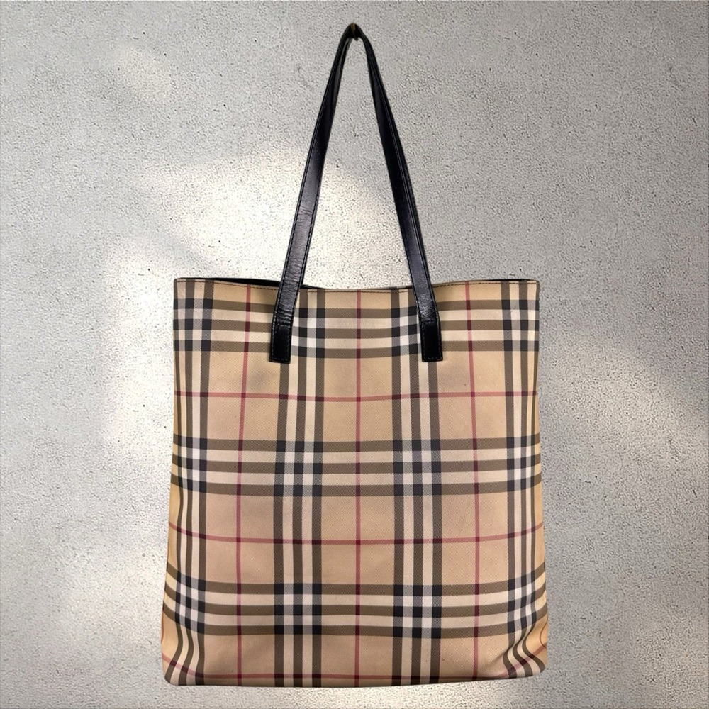 Vtg Burberry Nova Check Tote PVC Coated Canvas Leather Large Tote Bag Purse